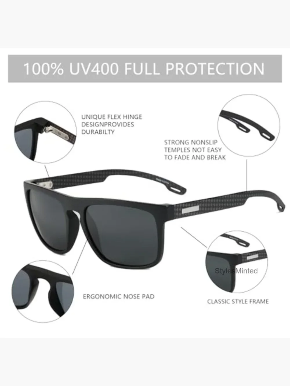 Square Polarized Sunglasses TR90 Frame Carbon Fiber UV400 Driving